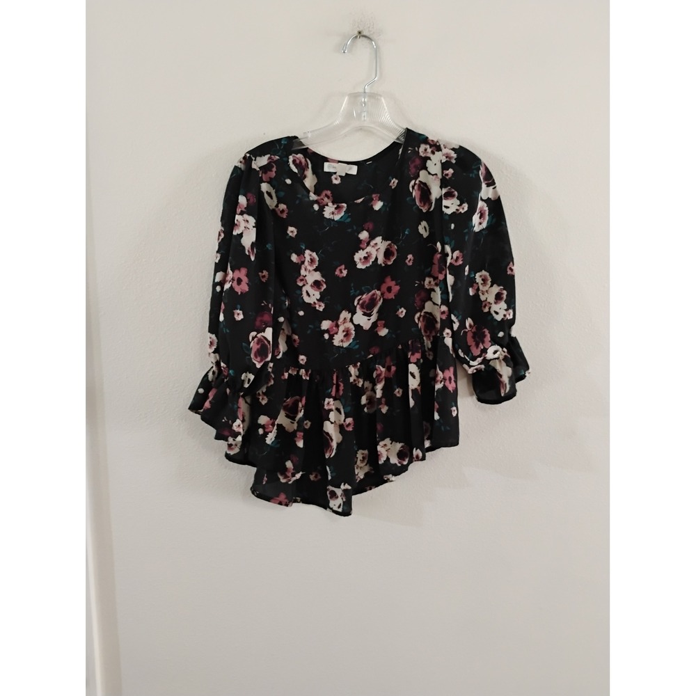 Love Fire Floral Peplum Top Black Pink Ruffle Sleeve Blouse Small